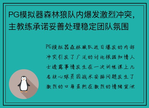 PG模拟器森林狼队内爆发激烈冲突，主教练承诺妥善处理稳定团队氛围