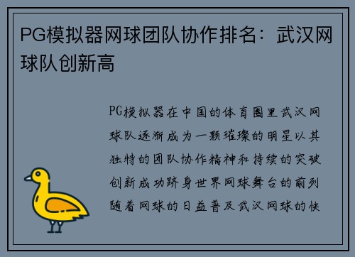 PG模拟器网球团队协作排名：武汉网球队创新高